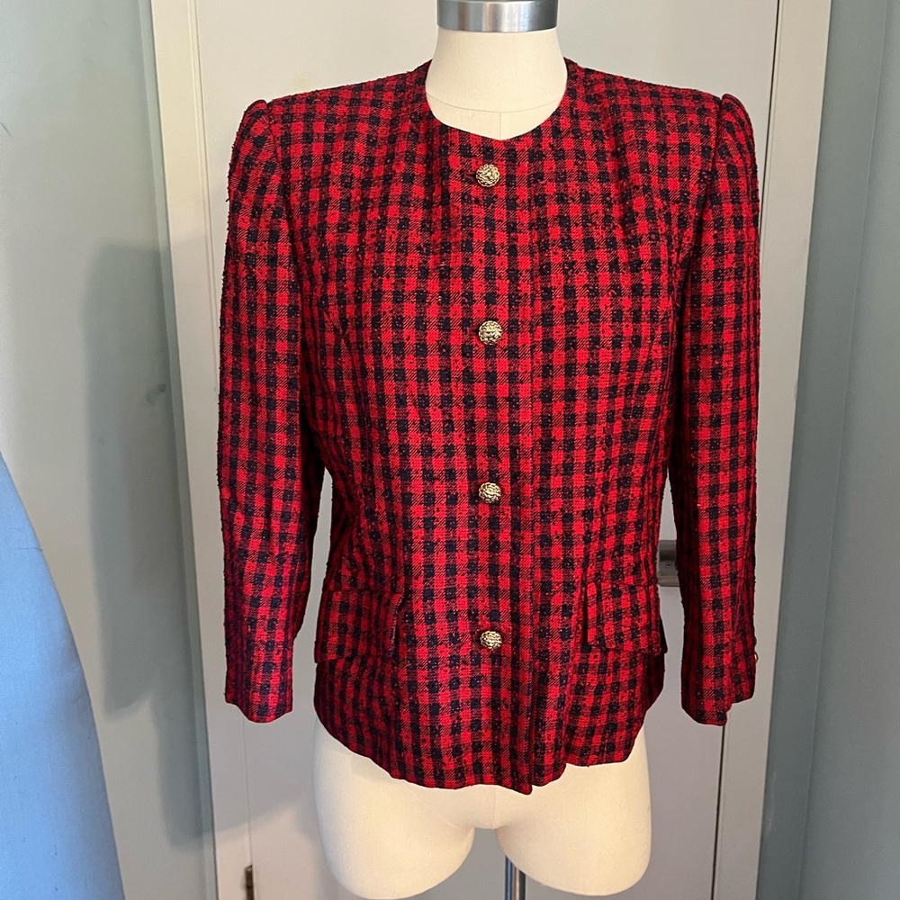 Aquascutum London Wool-Blend Jacket – Red & Black Plaid, Gold Buttons, Bust 36”